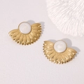 Elegant gold fan-shaped stainless steel earrings with white shell inlay, flat lay view - Pearl White