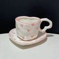 Handcrafted heart-shaped ceramic coffee cup and saucer set with pink heart pattern design - Pink Heart Cup & Saucer