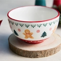Christmas ceramic bowl with gingerbread man and red polka dot base on wooden tray - Rice Bowl 11*6.1cm