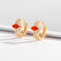 Gold huggie earrings with a red marquise stone and baguette-cut diamonds on the side - Red Marquise Main Stone Huggies-EH012