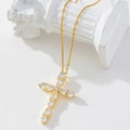 Gold-plated cross pendant necklace with zircon stones on white column base - Gold/Clear Zirconia Cross/M