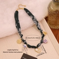 Bohemian mixed pendant necklace with green fabric ribbon and gold stainless steel chain - Dark Green Patterned Scarf Multi-Charm Necklace (3#)