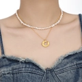 Double-layer gold necklace featuring white pearls and a sparkling circular ring pendant - 925 Silver Plated 18K Gold / Gold (White Stone/Pearl)