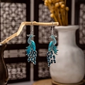 Peacock drop earrings with blue gradient rhinestones and silver-tone finish hooks - Blue-Green Gradient Rhinestone Peacock