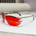 Frameless flame-shaped red sunglasses with silver metal frame and wave-edge lens design - Silver Frame Red Lens
