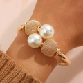 Minimalist gold alloy open bracelet featuring white pearls and woven metal beads on wrist - Double Artificial Pearl Gold Wire Mesh Ball Style (5609302) / Gold