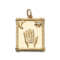 Detailed view of a gold Hamsa hand pendant with moon star patterns and cubic zirconia - CX138-6 Rectangle Hamsa Hand Moon Star Pendant