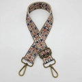 Detail of embroidered floral bag strap with bronze metal hooks and adjustable buckle - Beige Brown Bronze Hook