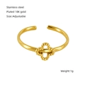 Detail of 18K gold plated clover ring with adjustable band and product specifications - Adjustable Open / Gold