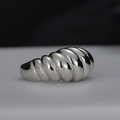 Polished S925 sterling silver pupa-shaped open ring with elegant metallic ribbed texture - Adjustable Size 14 / White Gold