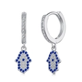 Silver Hamsa Hand hoop earrings featuring royal blue and white zircon stones - 925 Silver / Hamsa Hand Style (TZ1D0001-S-W-SP)