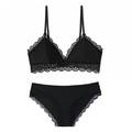 Ensemble lingerie en dentelle florale noire française avec rayures et fines bretelles - S (Convient 70ABC) / Noir
