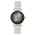 Women's quartz watch with rose gold case, leaf pattern dial and white stretch band - White