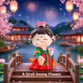 Cute girl figurine in green and red Hanfu holding a flower basket on a bridge - Large Stroll in Flowers