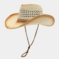 Vintage Western-Strohhut mit Sonnenblumen-Schnalle, atmungsaktivem Netz und Windkordel - Beige mit khakifarbenem Rand