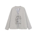 Abrigo de lana gris con cuello en V, lazos de cierre y suave textura afelpada elegante - S / Gris