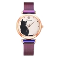 Detailed shot of rose gold watch case featuring a black cat silhouette and purple mesh band - Watch Only / Purple