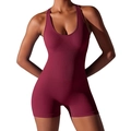 Burgundy sleeveless seamless yoga romper with racerback design for athletic shaping - S / Top And Bottom / Redwood