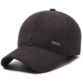 Mens dark brown wool baseball cap with ear flaps and classic fashion metal plate - Adjustable / Black