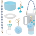 Set de dijes de flores azules para vaso con tapa de pajita y correa tejida - Juego de 7 Piezas 17-Tapa de Diamante Azul