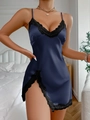Dark blue satin nightgown with black lace trim and sexy side slit for women - Navy Blue