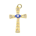 Detailed view of a golden cross pendant with blue evil eye design and clear zircons - Pendant 11 (Gold Blue Evil Eye Cross)