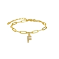 Elegant 18k gold plated paperclip chain bracelet with micro-paved letter F pendant - Letter F