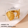 Adjustable golden stainless steel ring featuring sea shell and starfish beach motifs - Gold Starfish & Shell