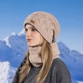 Conjunto de gorro y bufanda de punto beige para mujer con forro polar suave para el invierno - Rosa