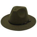 Detail of dark olive wool fedora hat featuring a black leather band and gold buckle accent - Army Green (Small Black Leather Belt)
