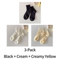 Set of 3 ribbed cotton socks in black, cream, and butter yellow colors for women - Black+Cream+Milk Yellow