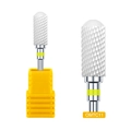 Macro detail of OMTC11 ceramic nail drill bit with fine diamond texture and yellow ring - Yellow Ring Cylindrical Diamond Style (OMTC11)