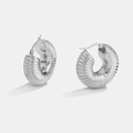 Polished silver stainless steel chunky hoop earrings with ribbed texture for women - Silver Textured Style (JDE201138-1-S)