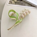 Elegant lily of the valley metal hair claw with pink enamel and white pearls - Lily of the Valley Pink White