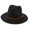 Close-up of black straw fedora hat featuring a brown leather belt with metal buckle detail - Black