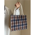 Bolso tote de lona a cuadros azules y marrones con paneles de cáñamo y asas de cuerda de algodón - Estilo de Cuerda Azul
