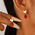 Minimalist red heart drop earrings in gold finish with elegant enamel heart design - Red Enamel Heart Style (N-311) / 42 KC Gold/Red