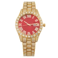 Luxurious iced-out gold quartz watch featuring a bold red dial and Roman numerals - Red Dial Gold Strap