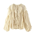 Elegant beige V-neck long sleeve blouse featuring delicate layered ruffle details - XS / Off White