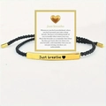 Adjustable woven bracelet with engraved gold stainless steel bar and gift card - Just Breathe Gold Bar Black Rope With Card