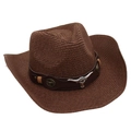 Detail of dark brown cowboy hat featuring leather band and silver bull head emblem - One Size / Coffee