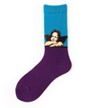 Detail of oil painting socks with blue and purple contrast and angel print - One Size / Angel