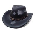 Detailed side view of black wool cowboy hat with star patterns and brown leather band - M (56-58cm) / Black