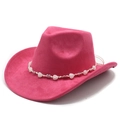 Close-up of rose red suede cowboy hat featuring heart beads and silver ornaments - M (56-58cm) / Rose Red Faux Suede