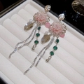 Elegant flower and leaf tassel earrings with pink crystals and silver needle drop design - 69# Pink Flower Green Gem Fine Chain Long Tassel Style