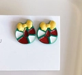 Christmas clip-on earrings for girls featuring red and green holiday patterns with yellow bow - 35# Xmas Wreath with Bow / Clip-on Earrings Pair
