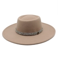 Detail of camel wool fedora with sparkling rhinestone band and golden M emblem decoration - M (56-58cm) / M Label Rhinestone Fedora (CZY-101) / Light Purple Grey