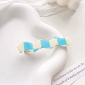 Sky blue checkered wavy hair clip with stylish resin finish and golden metal base - Blue Beige Plaid