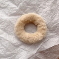 Detailed view of plush beige faux rabbit fur scrunchie with soft fluffy texture - Khaki