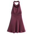 Detailed view of wine red satin halter dress showing elegant shirring and fabric texture - XS / Burgundy